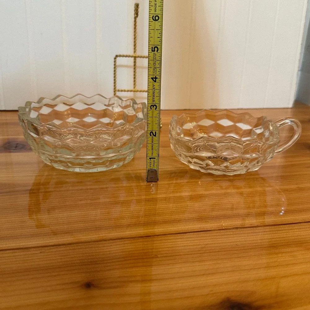 Vintage Pressed Glass Fostoria Cubist Design Nappy Bowl Set Diamond Point MCM